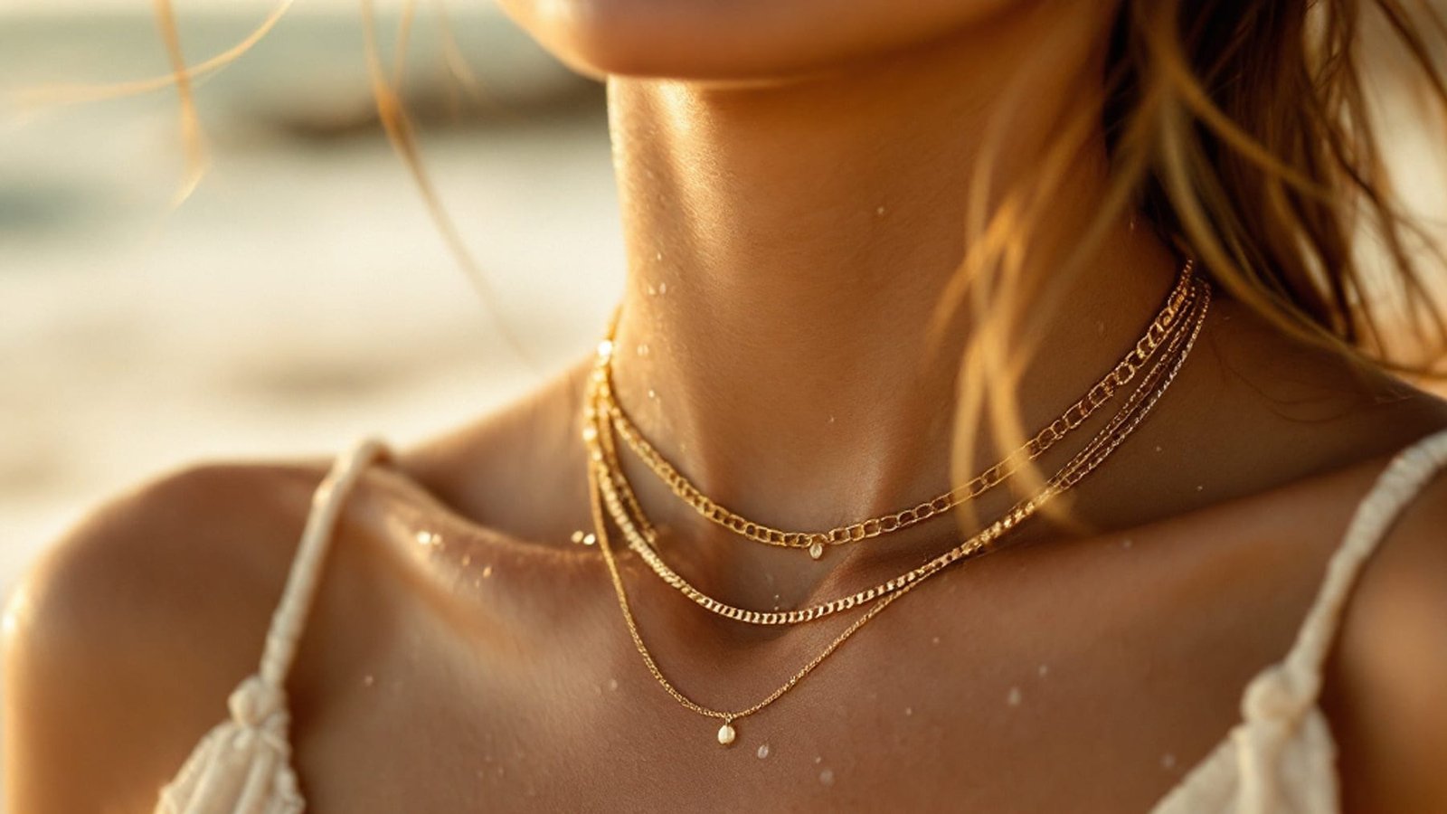 Layered gold chains worn at the beach